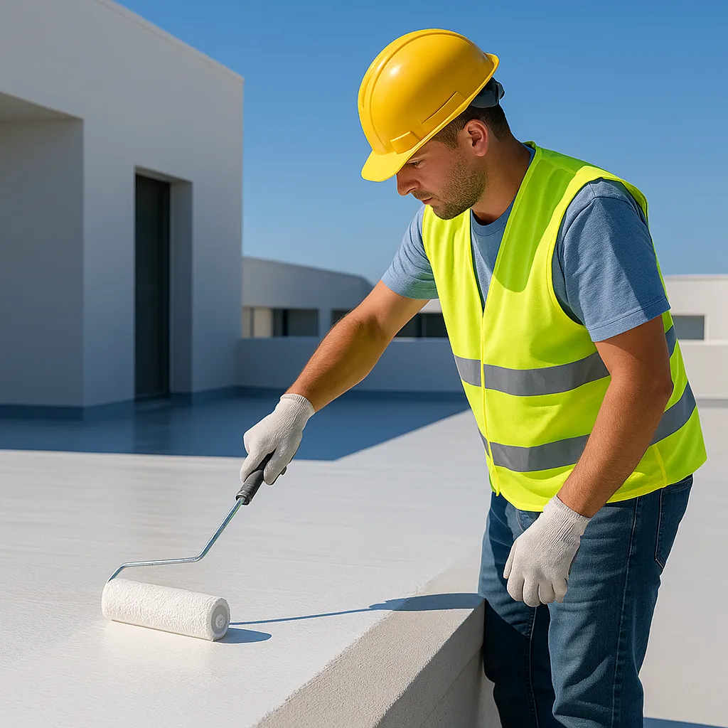 Applying acrylic waterproofing insulation on rooftop with roller  - biccompany