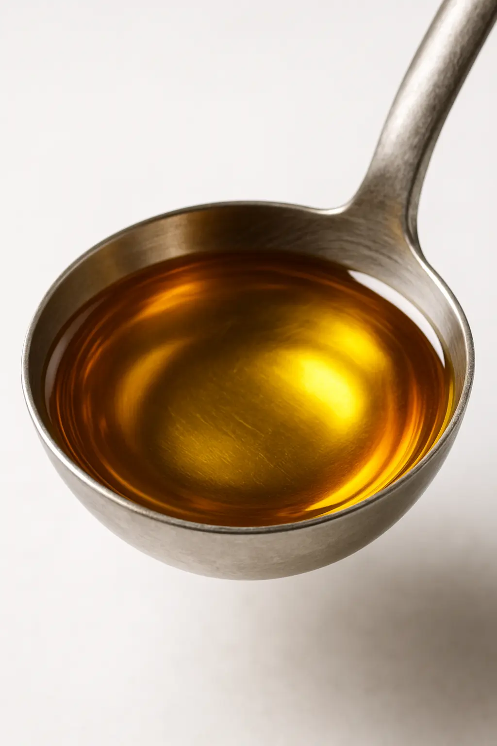 Golden fresh cooking oil in a ladle – used or fresh product showcase- biccompany
