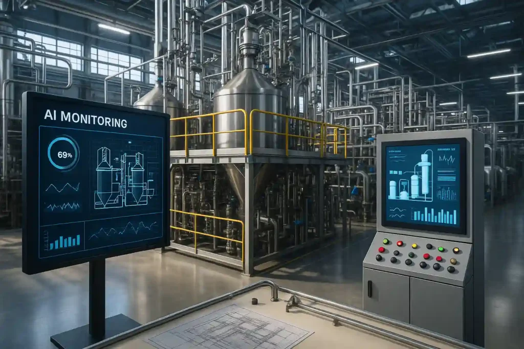 Modern digital chemical manufacturing plant with AI systems