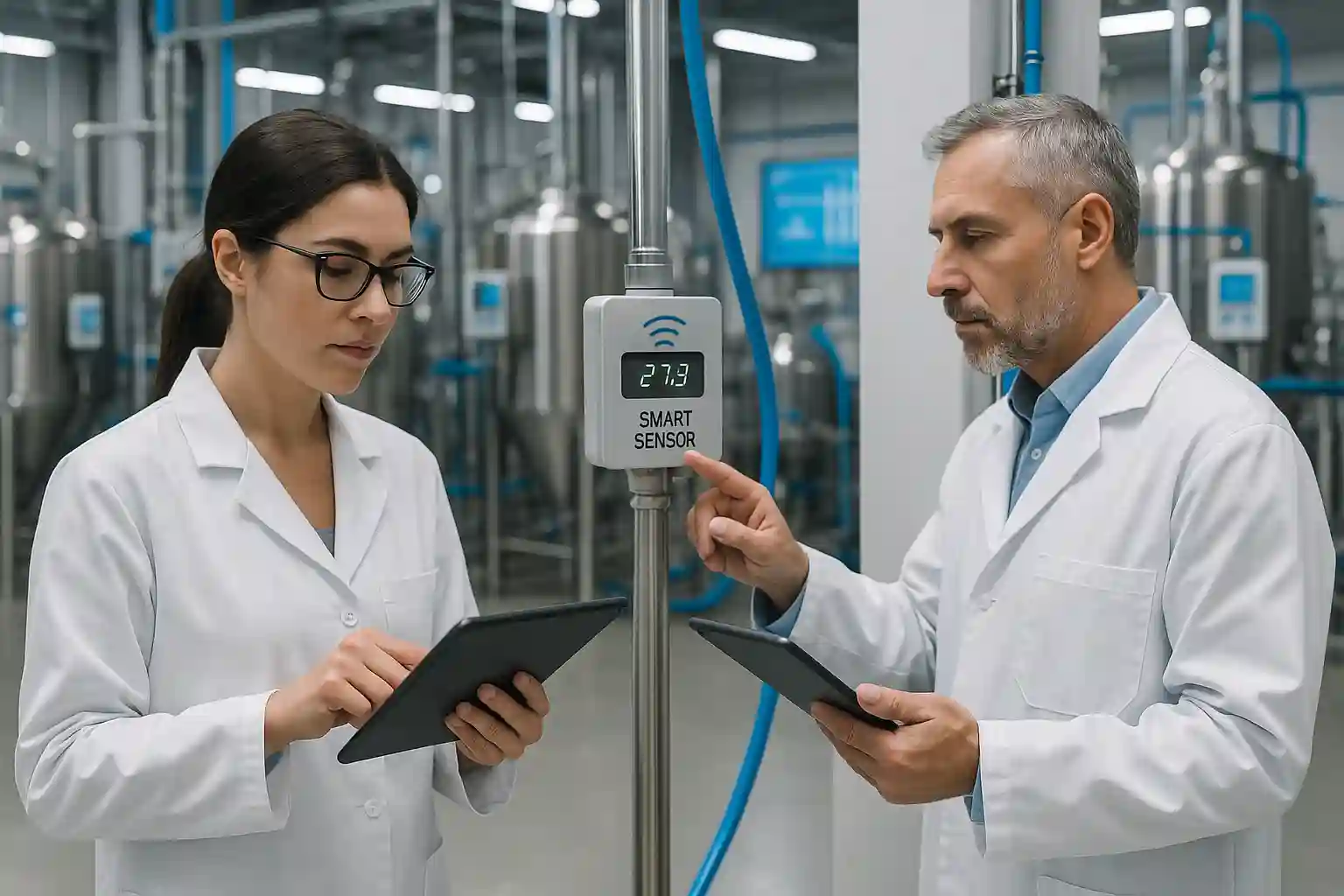 Scientists using automation and smart systems in chemical lab