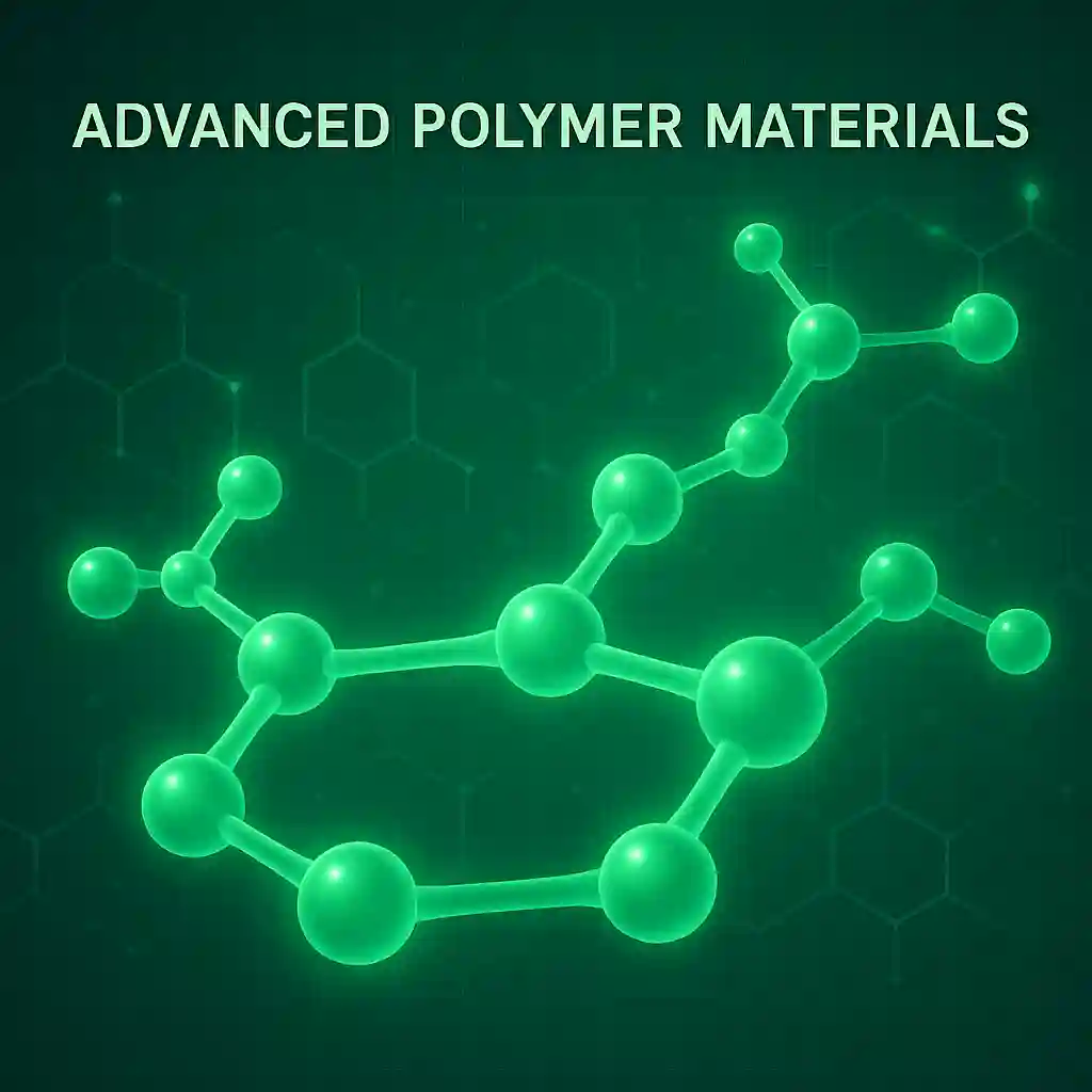 Futuristic illustration showing advanced polymer materials and molecular structures used in sustainable manufacturing
